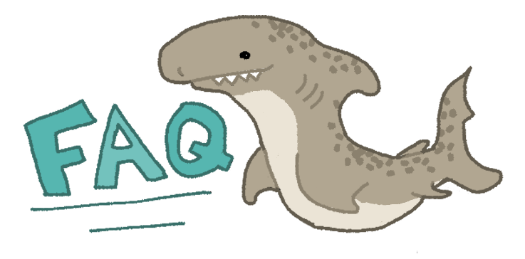 A drawing of a tan shark with dark specks posed like a backwards letter S with the letters FAQ in blue next to it.