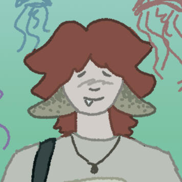 A circular drawing of a white person with medium length red hair. They have tan shark fins with dark specks for ears and there is a shark tooth sticking out of their mouth.