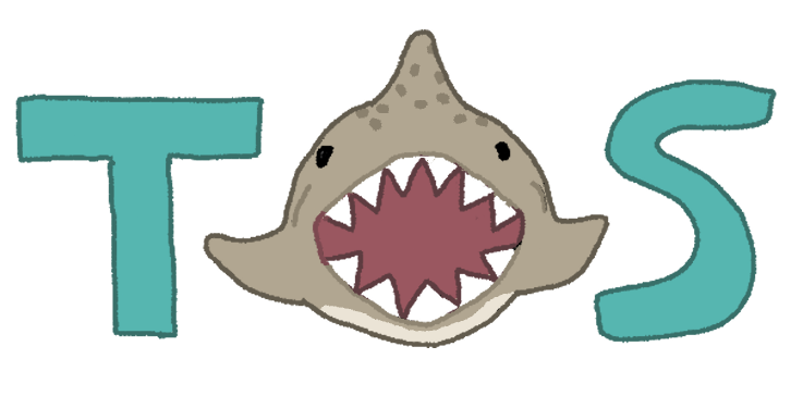 A drawing of a tan shark with dark specks facing the viewer with it's mouth open. On it's left is the letter T and on it's right is the letter S, both colored blue. The shark's mouth looks like the letter O, spelling TOS, which stands for Terms of Service.
