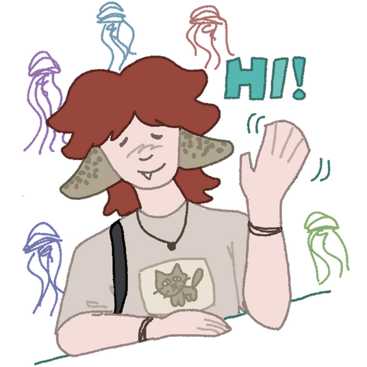 A drawing of a character with a red mullet and shark fin ears wearing a cat shirt waving and saying hi.