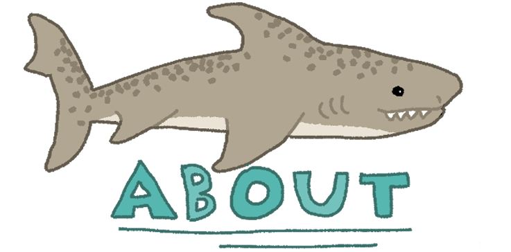 A drawing of a tan shark with dark specks. Underneath it is the word about written in blue.
